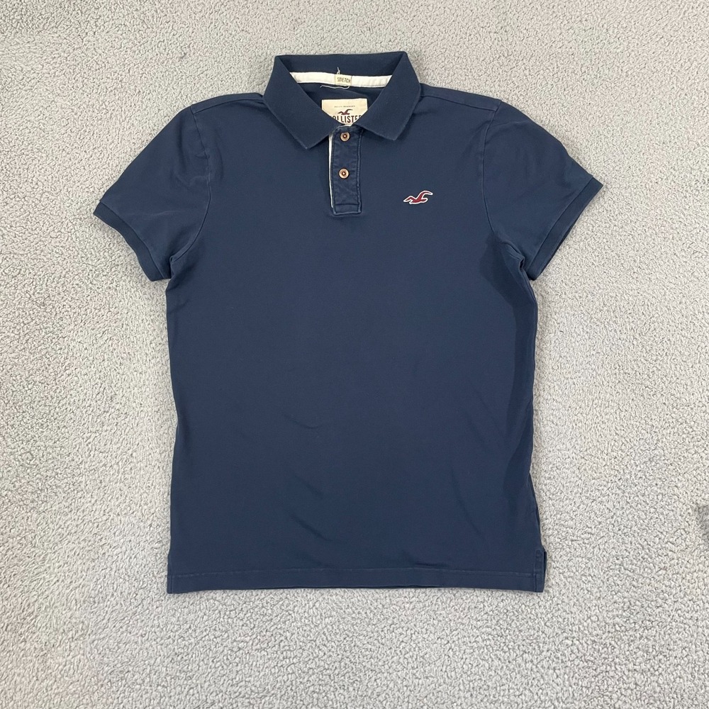 Hollister Polo Shirt Men L Navy Preppy Embroidered Short Sleeve Stretch Y2K